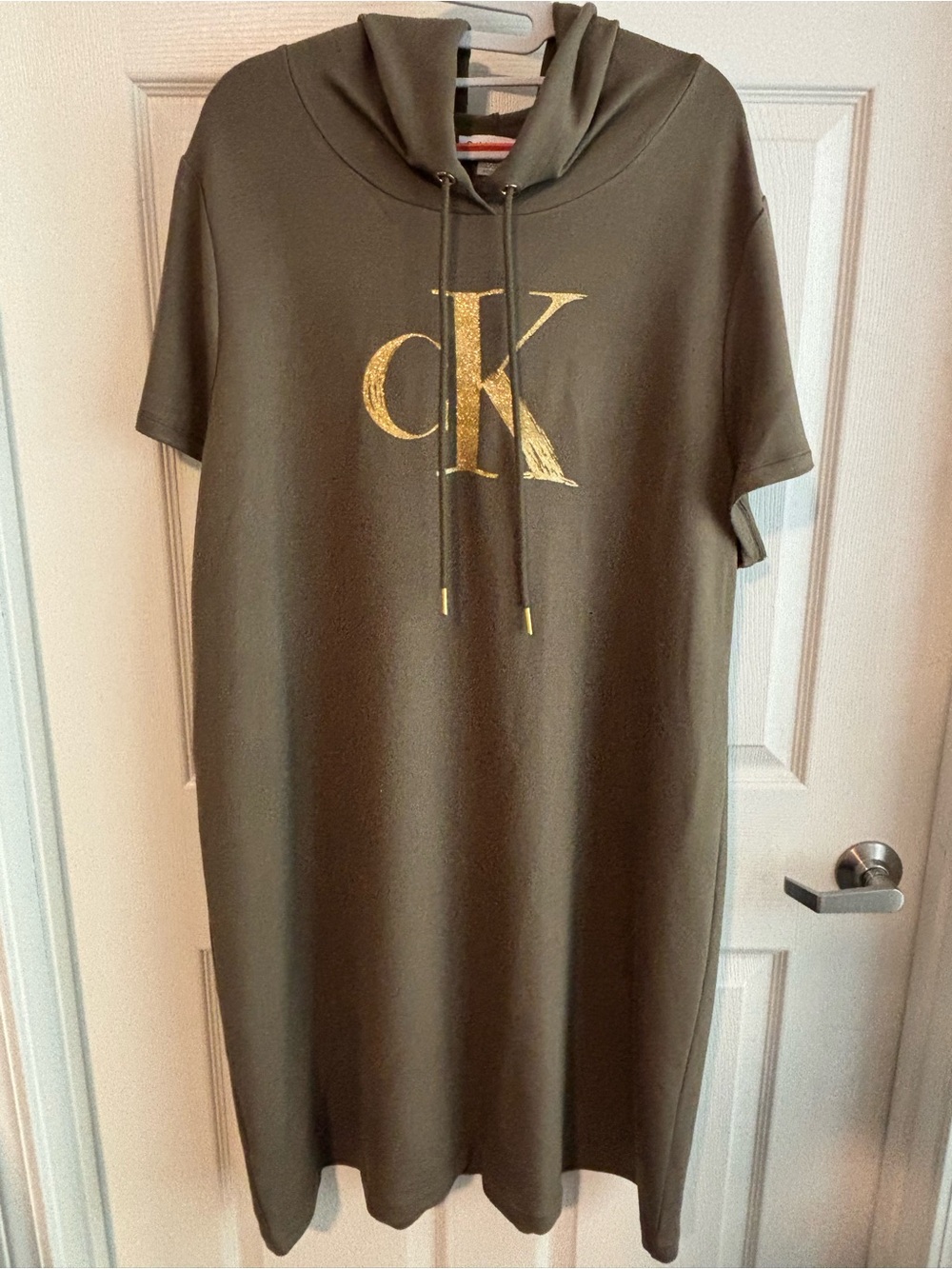 Calvin Klein Olive Green Midi Hoodie Dress with Gold CK Logo